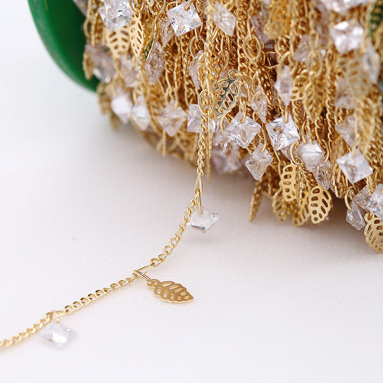 Chaîne de câble mince en forme de feuille et d'étoile en strass de 2 mètres, lien O incurvé, 14K GF