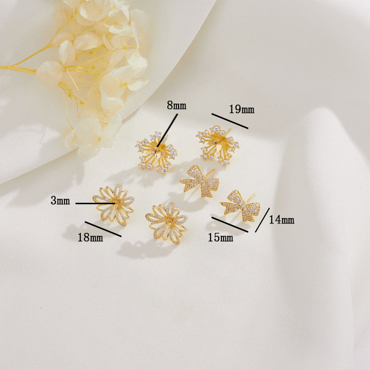 4 Ohrstecker mit floraler Schleife, Strassverzierung, 14K GF-Ohrring, halbgebohrte Perle, Rohling