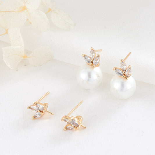 4 Three Leaves Stud Earrings Rhinestone Embellished 14K GF Earing Half Drilled Pearl Bead Blank