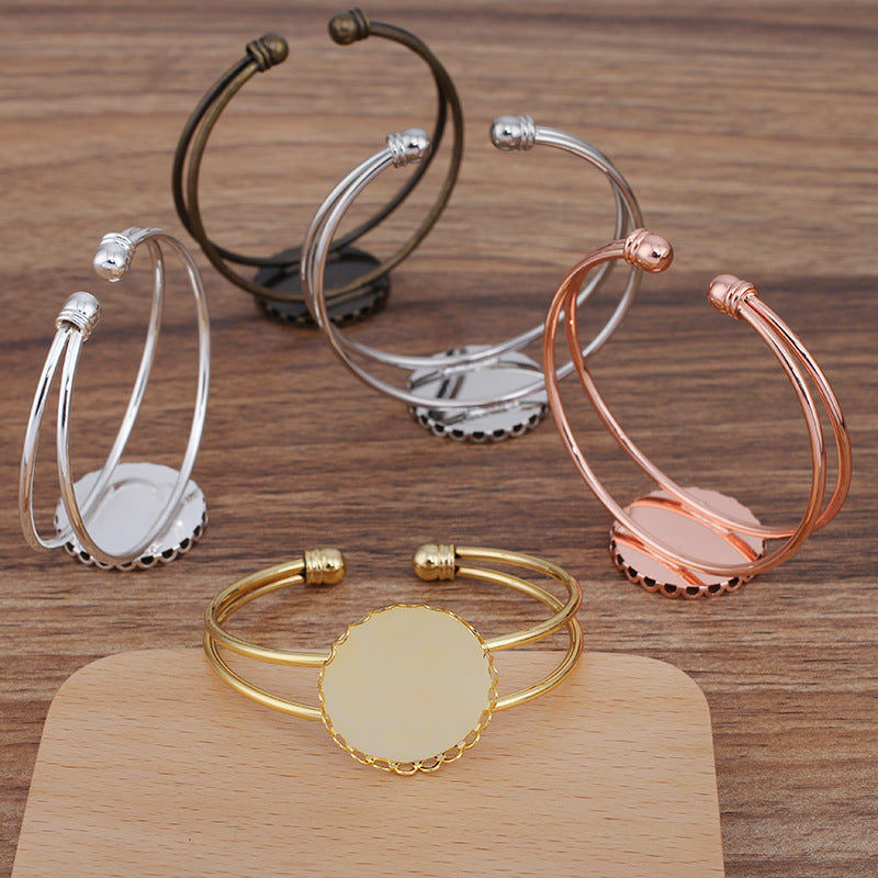 5 bord festonné lunette tasse deux rangées cercle ouvert bracelet 18KGP 25mm cabochon rond Base vierge réglage de la pièce de pierre précieuse