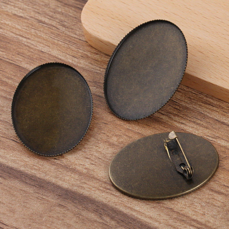 100 Serrated Edge Bezel Cup Safe Brooch Pin Antique Bronze 30x40mm Oval Cabochon Blank Base Gemstone Piece Setting