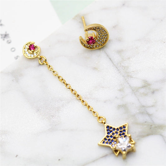3 paires de boucles d'oreilles à breloques lune et étoile ornées de strass 14K GF