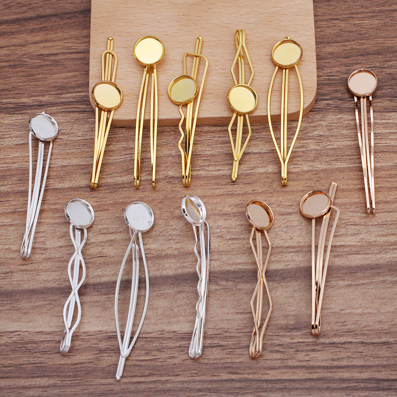 30 Plain Edge Bezel Cup Straight Hair Clip Hairpin 18KGP 12mm Round Cabochon Blank Base Gemstone Piece Setting