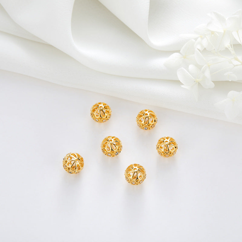 2 Hollow Floral Flat Roundelle Bead Charm Rhinestone Embellished 14K GF Charm Beadwork Spacer