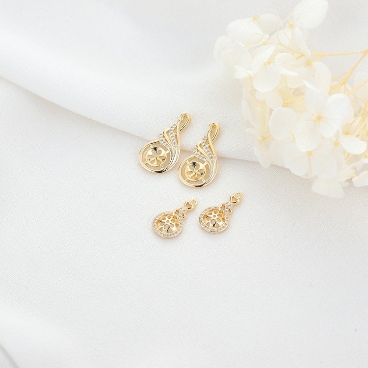 2 Floral Waterdrop Charm Pendant Rhinestone Embellished 14K GF Half Drilled Pearl Bead Blank