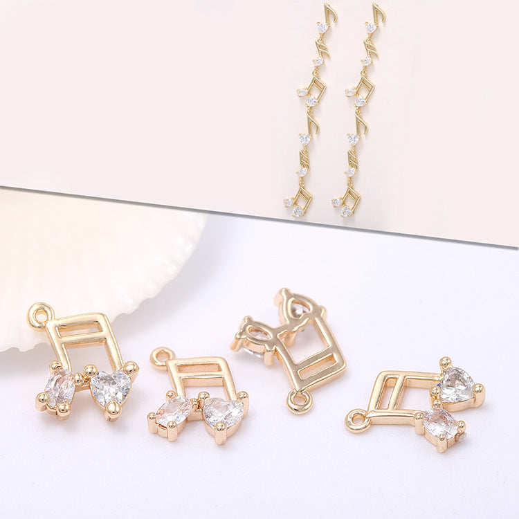 10 Music Sign Charm Pendant Double Looped Link Stud Earrings Rhinestone Embellished 14K GF