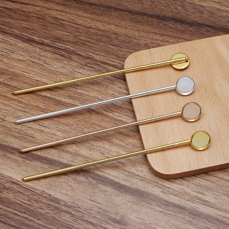 10 Plain Edge Bezel Cup Chinese Stick Hairpin 18KGP 12mm Round Cabochon Blank Base Gemstone Piece Setting