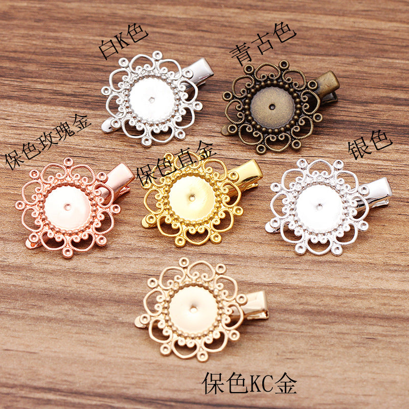 20 Floral Edge Bezel Cup Alligator Hairclip 18KGP 12mm Round Cabochon Blank Base Gemstone Setting