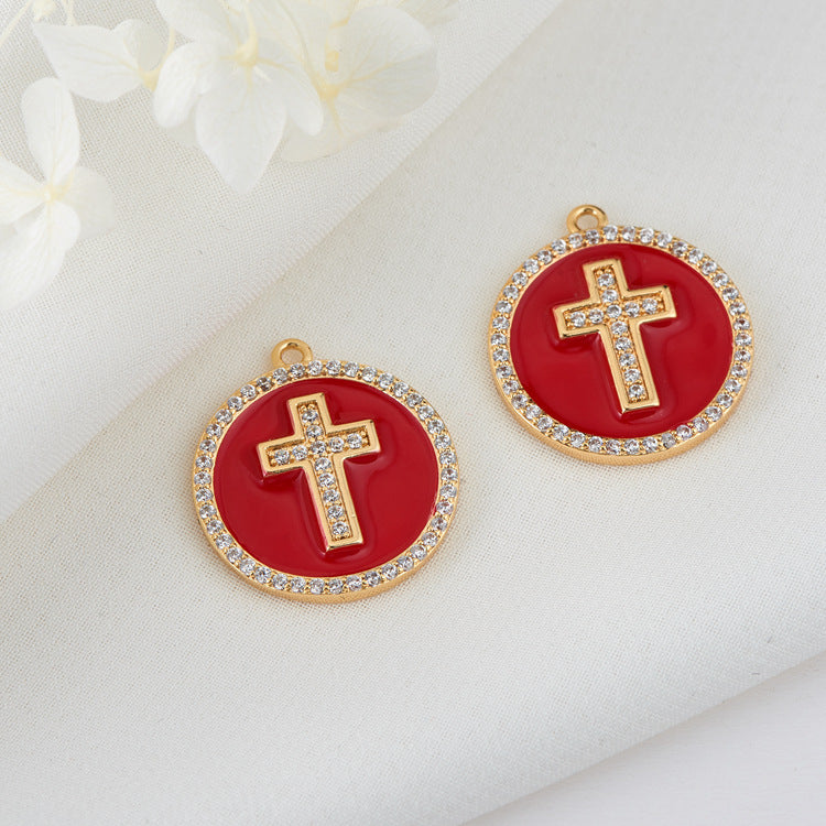 2 Cross Star Charm Pendant Enamel Epoxy 14K GF Rhinestone Embellished