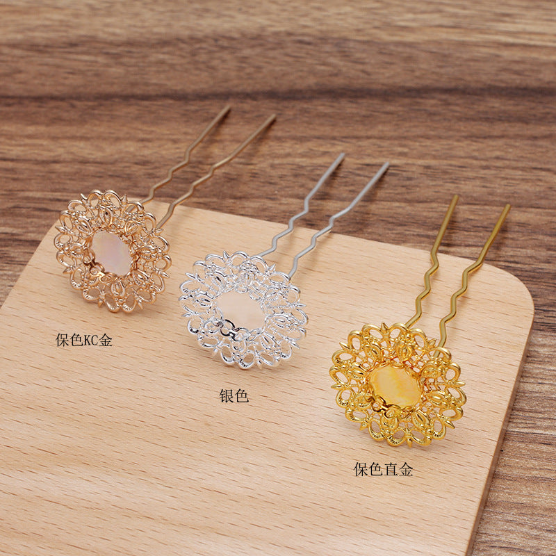 10 Scallop Edge Bezel Cup Filigree Floral Charm Hair Fork Hairpin 18KGP 10mm Round Cabochon Blank Base Gemstone Piece Setting
