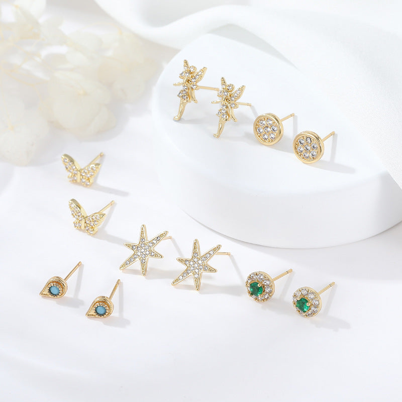 Boucles d'oreilles à tige rondes en forme d'ange 4 étoiles, goutte d'eau, papillon, ornées de strass 14K GF