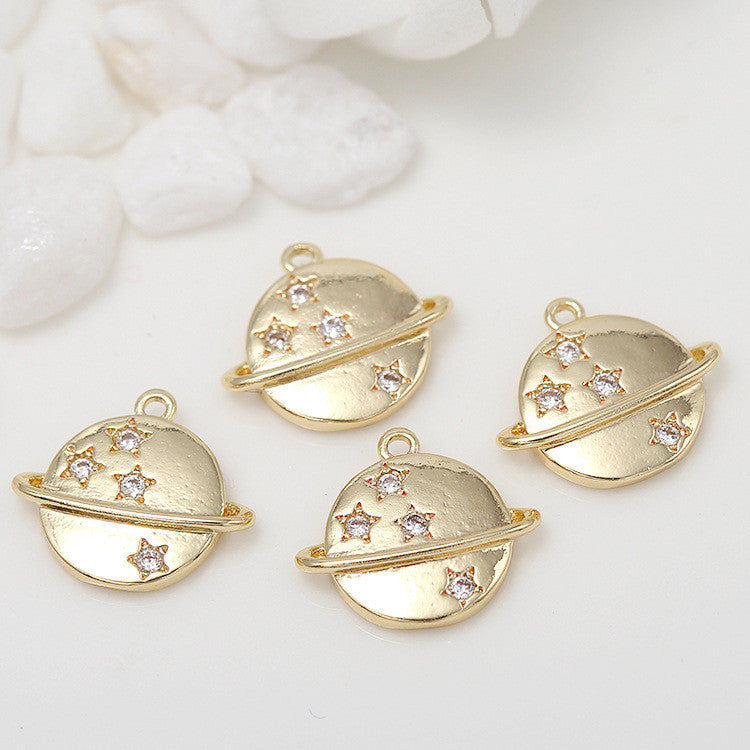 10 Saturn Planet Charm Pendentif Émail Epoxy 14K GF Strass Embelli