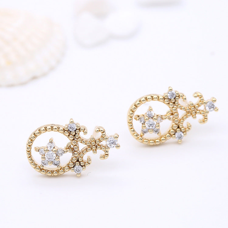 4 boucles d'oreilles à tige en forme d'étoile florale, ornées de strass 14 carats GF