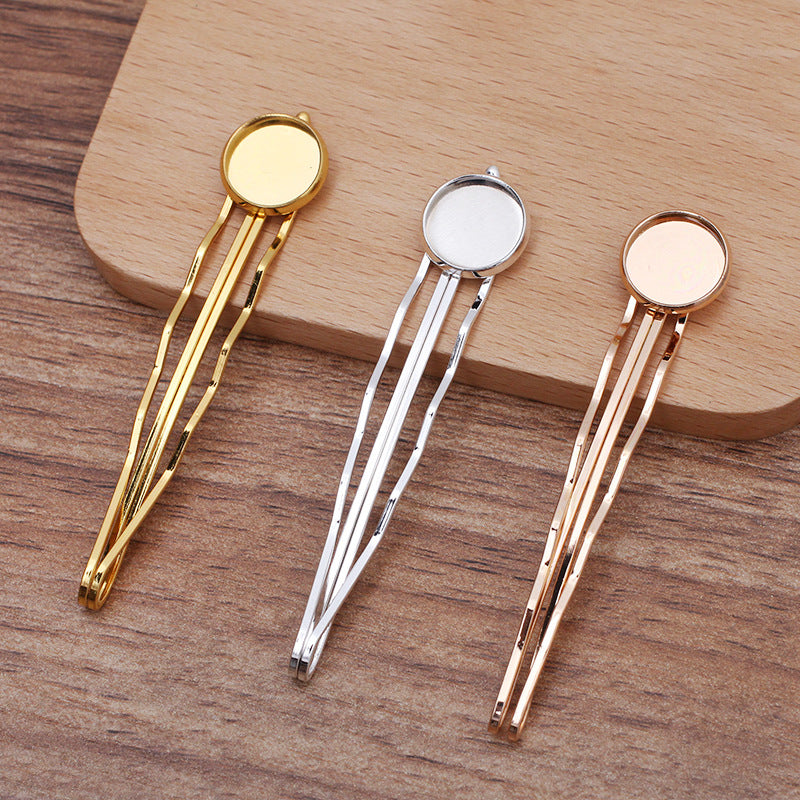 30 Plain Edge Bezel Cup Straight Hair Clip Hairpin 18KGP 12mm Round Cabochon Blank Base Gemstone Piece Setting