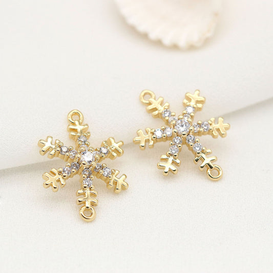 2 connecteurs de charme de flocon de neige à double boucle ornés de strass 14K GF