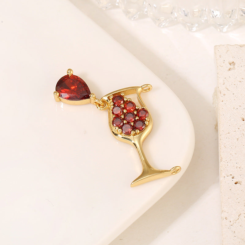 2 Wine Bottle Glass Goblet Charm Pendant Rhinestone Embellished 14K GF