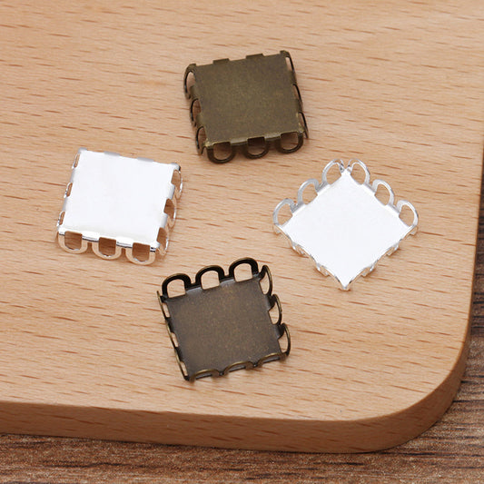 100 Scallop Edge Square Flat Back Setting Charm 18KGP 12x12mm Cabochon Rhinestone Zircon Gemstone Blank Base