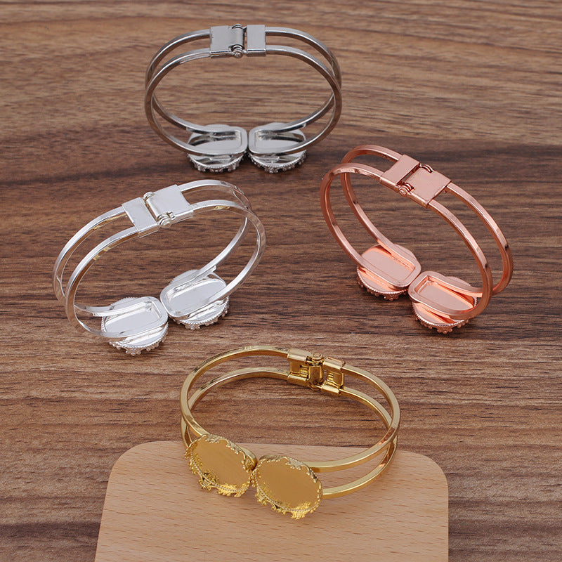 50 Crown Edge Bezel Cup Two Row Openable Circle Bangle 18KGP 20mm Double Round Cabochon Blank Base Gemstone Piece Setting