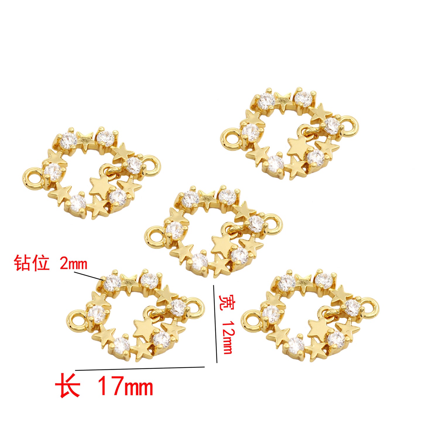 5 Double boucle ronde étoile cercle charme connecteur strass embelli 14K GF