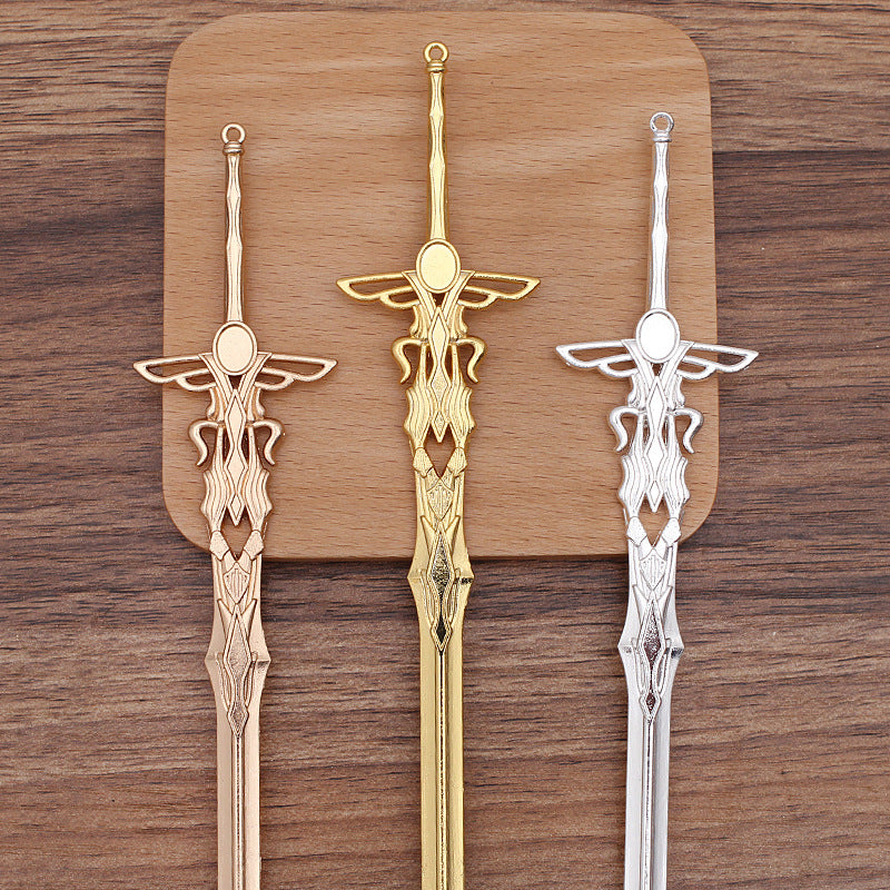 10 Sword Charm Pendant 18KGP 6x8mm Oval Cabochon Blank Base Gemstone Piece Setting