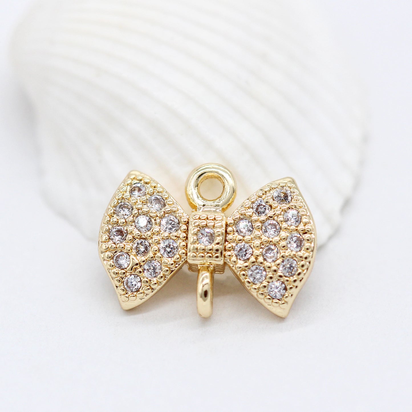 10 Doppelschleifen-Charm-Verbinder mit Schleife, Strassverzierung, 14 Karat GF