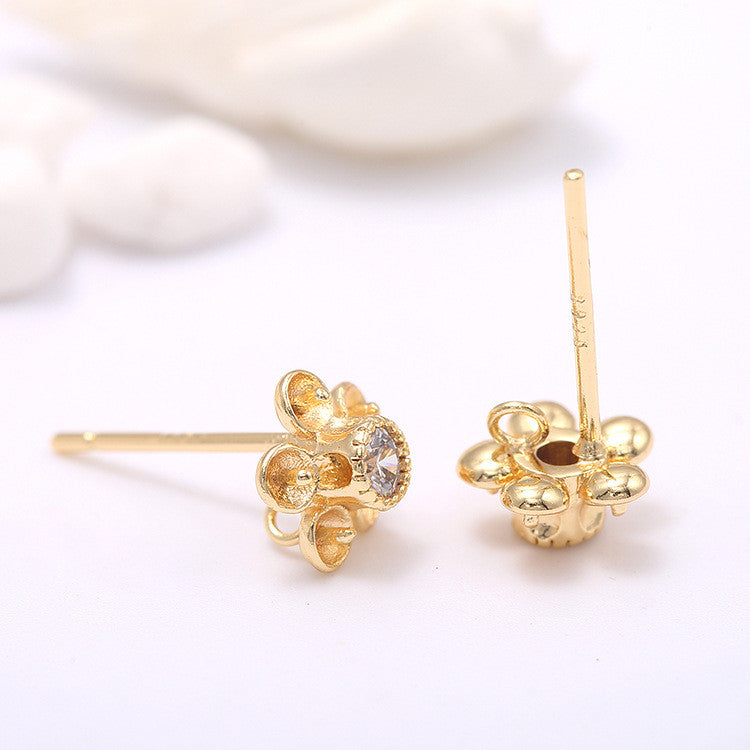 4 Floral Stud Earrings Rhinestone Embellished 14K GF Earing Half Drilled Pearl Bead Blank