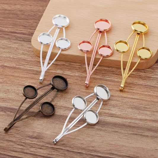 20 Three Plain Edge Bezel Cup Wire Wrapped Hair Clip Hairpin 18KGP 10mm 12mm Round Cabochon Blank Base Gemstone Piece Setting