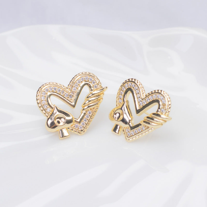 4 Heart Stud Earrings Rhinestone Embellished 14K GF Earing