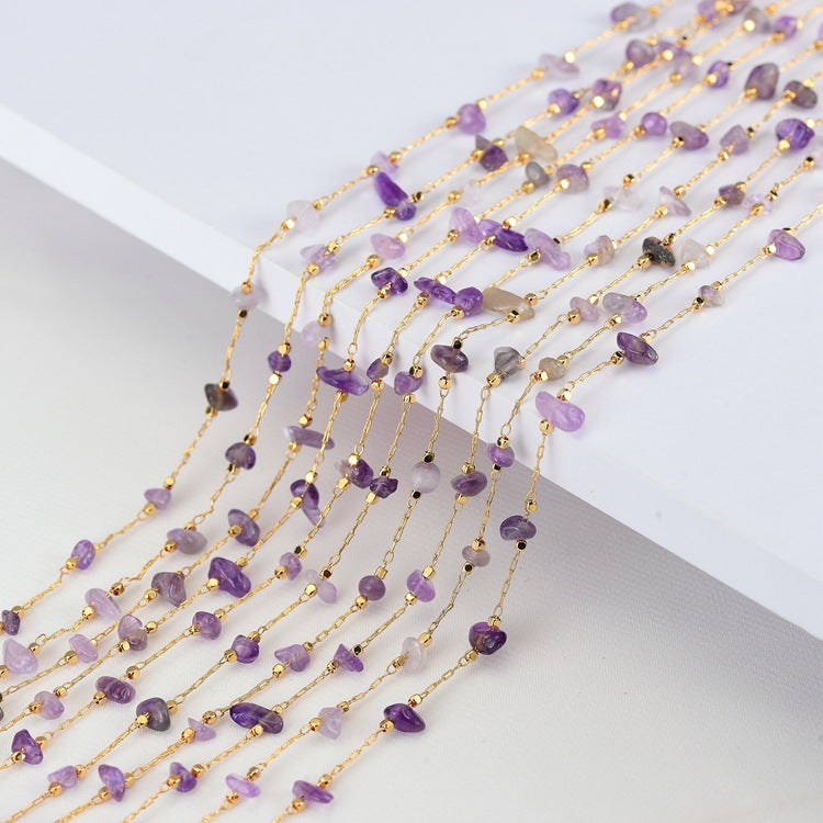 Chaîne de câbles en perles d'améthyste brute de 2 mètres, quartz GF 14K embelli