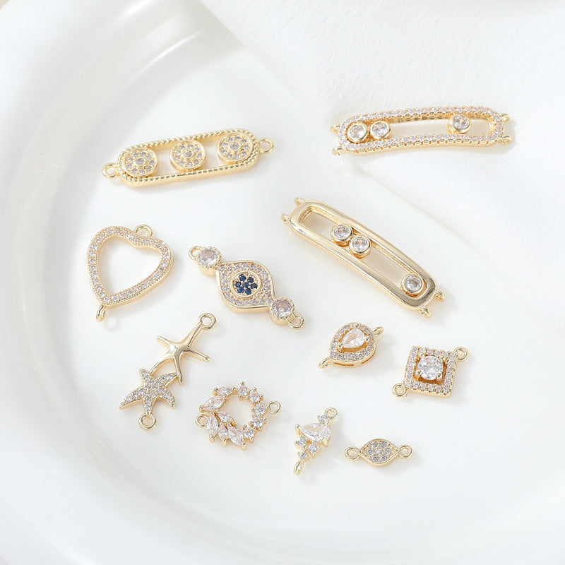 2 Double boucle rectangle étoile de mer oeil carré coeur charme connecteur strass embelli 14K GF