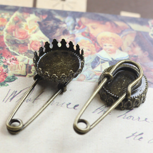 Broche de sécurité à bord de couronne, Bronze Antique, 15mm, 13x18mm, cabochon ovale rond, Base vierge, réglage de pierres précieuses, 200