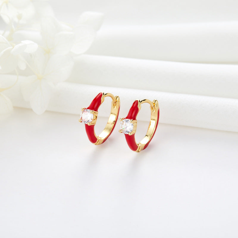 4 One Stone Hoop Earrings Enamel Epoxy Rhinestone Embellished 14K GF Earing