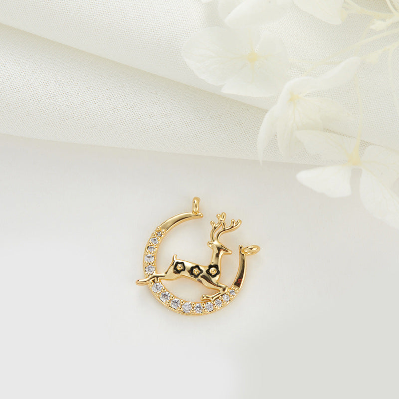 2 Engelsflügel-Rentier-Mond-Charm-Anhänger mit Strassverzierung aus 14-karätigem GF