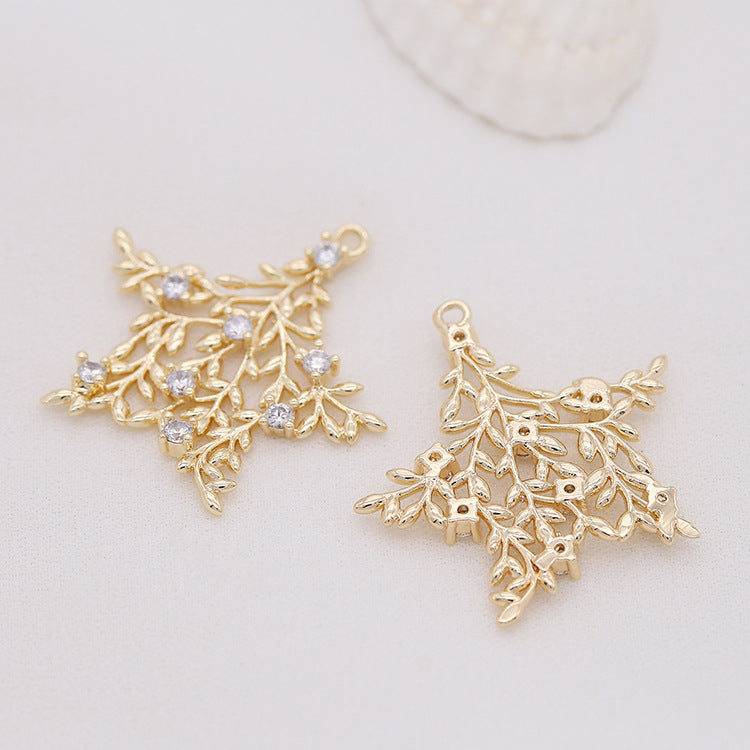 5 branches creuses de feuilles, pendentif à breloque rond en forme d'étoile et de cœur, orné de strass, 14K GF