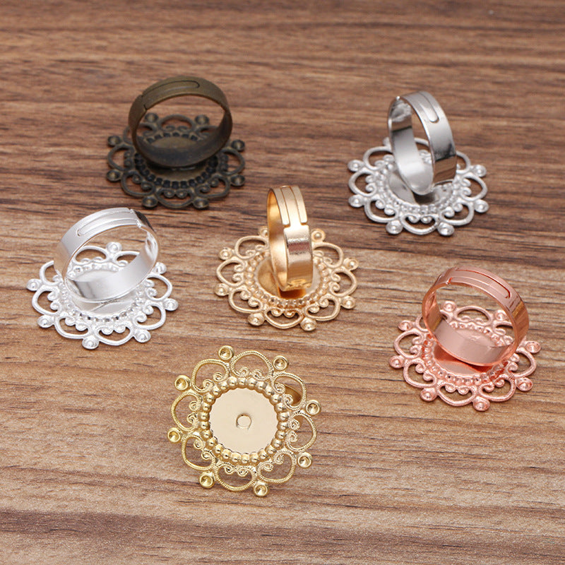100 bague circulaire ouvrable à breloque florale en filigrane plat 18KGP 12mm cabochon base vierge sertissage de pierres précieuses