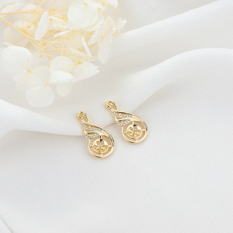 2 Floral Waterdrop Charm Pendant Rhinestone Embellished 14K GF Half Drilled Pearl Bead Blank