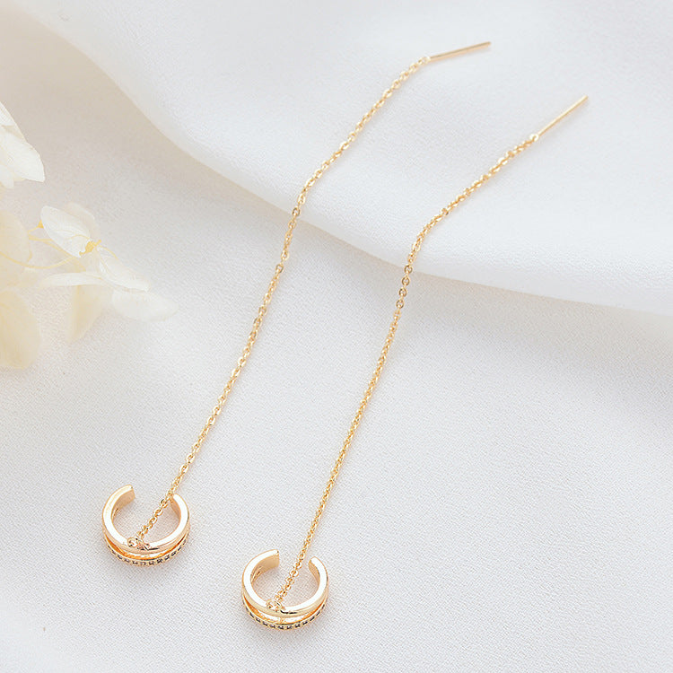 4 Ohrstecker mit offenem Kreis, lange Kabelkette, Einfädler, mit Strasssteinen verziert, 14-Karat-GF-Ohrring