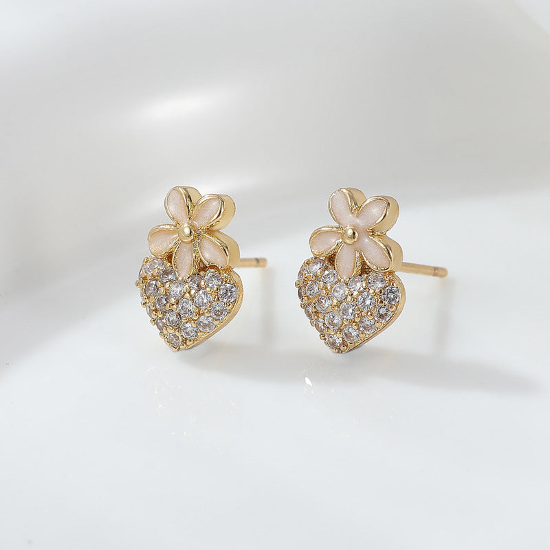 Boucles d'oreilles à tige en forme de cœur, 4 cercles perlés, ornées de strass 14K GF