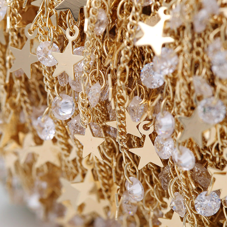 Chaîne de câble mince en forme de feuille et d'étoile en strass de 2 mètres, lien O incurvé, 14K GF