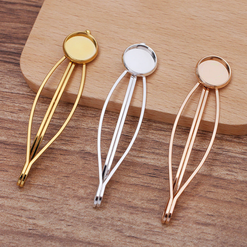30 Plain Edge Bezel Cup Straight Hair Clip Hairpin 18KGP 12mm Round Cabochon Blank Base Gemstone Piece Setting