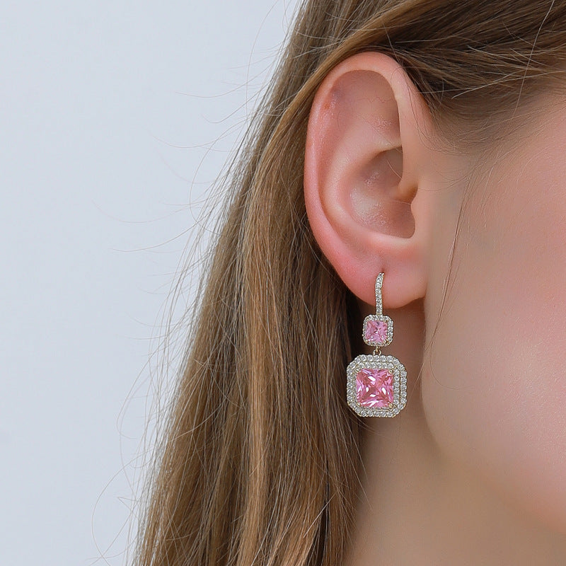 4 boucles d'oreilles à crochet à breloques carrées ornées de strass 14K GF Earing