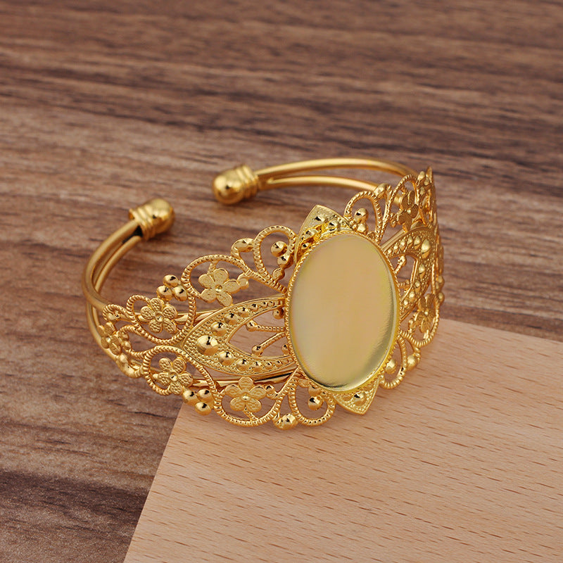 Bracelet à cercle ouvert en filigrane à deux rangées de bords dentelés, 18KGP, 18x25mm, cabochon ovale, Base vierge, réglage de pièces de pierres précieuses