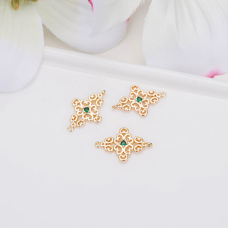 2 connecteurs de charme floral creux à double boucle ornés de strass 14K GF