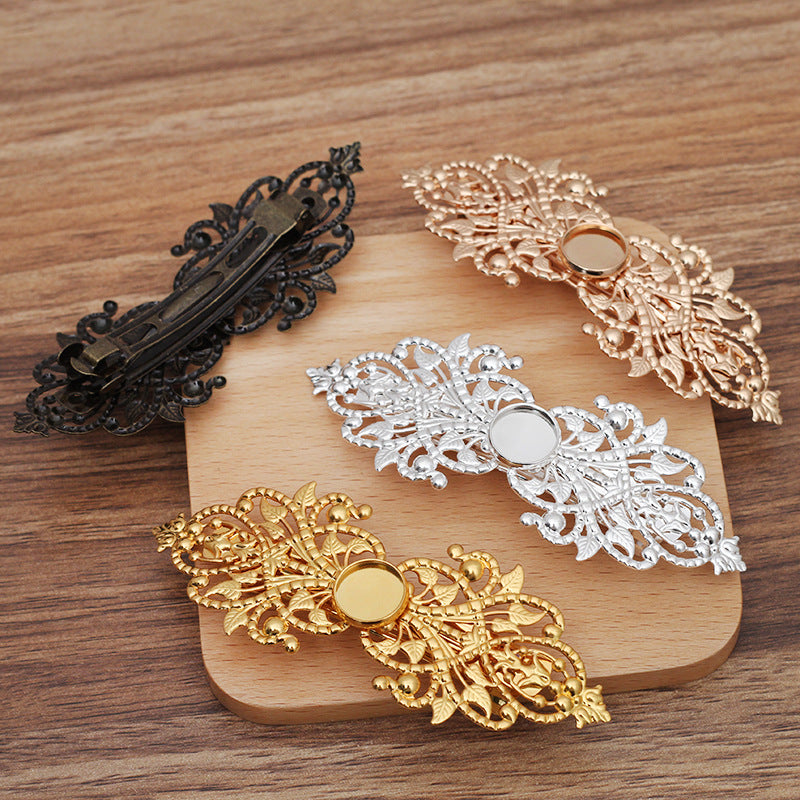 100 filigrane Floral lunette coupe Snap Clip pince à cheveux 18KGP 12mm cabochon rond Base vierge réglage de pierres précieuses