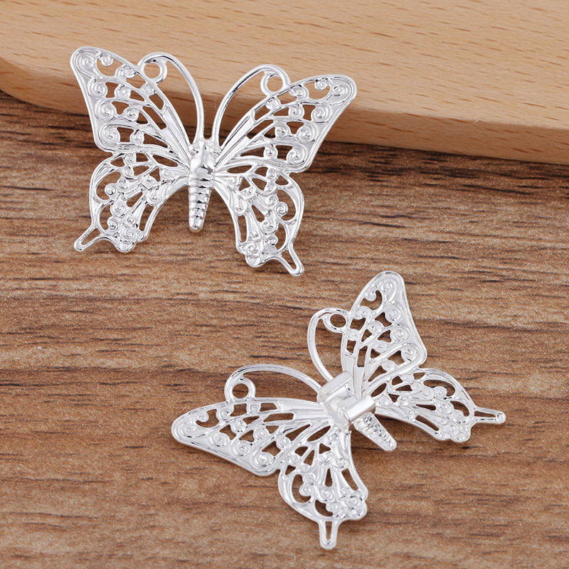 200 Flat Filligree Butterfly Charm Hairstring Buckle Silver Plated Flat Back Cabochon Blank Base Gemstone Piece Setting