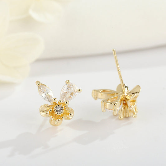 4 Schmetterlings-Blumen-Ohrstecker, Strassverzierung, 14-Karat-GF-Ohrring, halbgebohrte Perle, Rohling