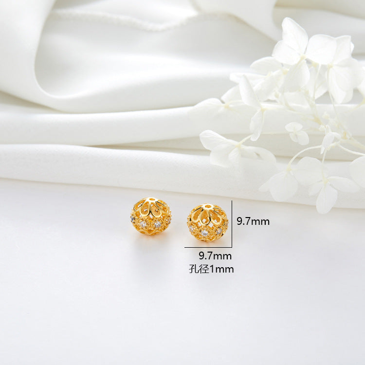 2 Hollow Floral Flat Roundelle Bead Charm Rhinestone Embellished 14K GF Charm Beadwork Spacer