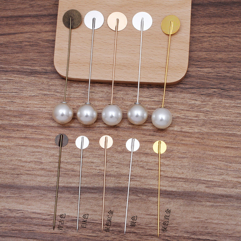 50 Flat Pad Plain Long Stick Safe Brooch Pin 18KGP 10mm 15mm Round Cabochon Blank Base Gemstone Piece Setting