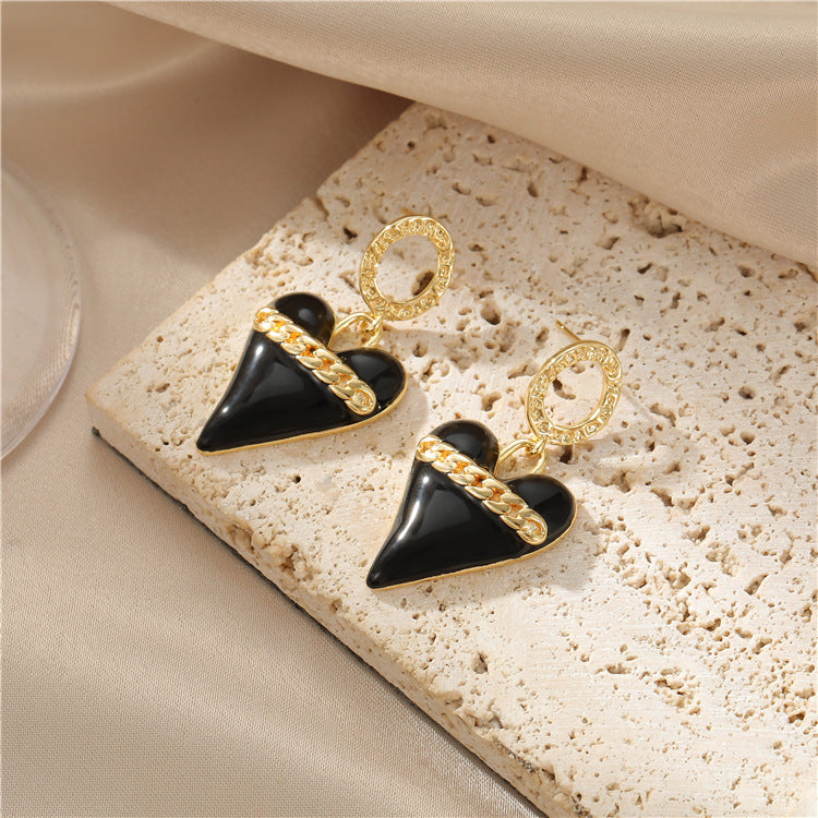 Boucles d'oreilles à tige avec breloque en forme de cœur, émail époxy 14K GF, ornées de strass