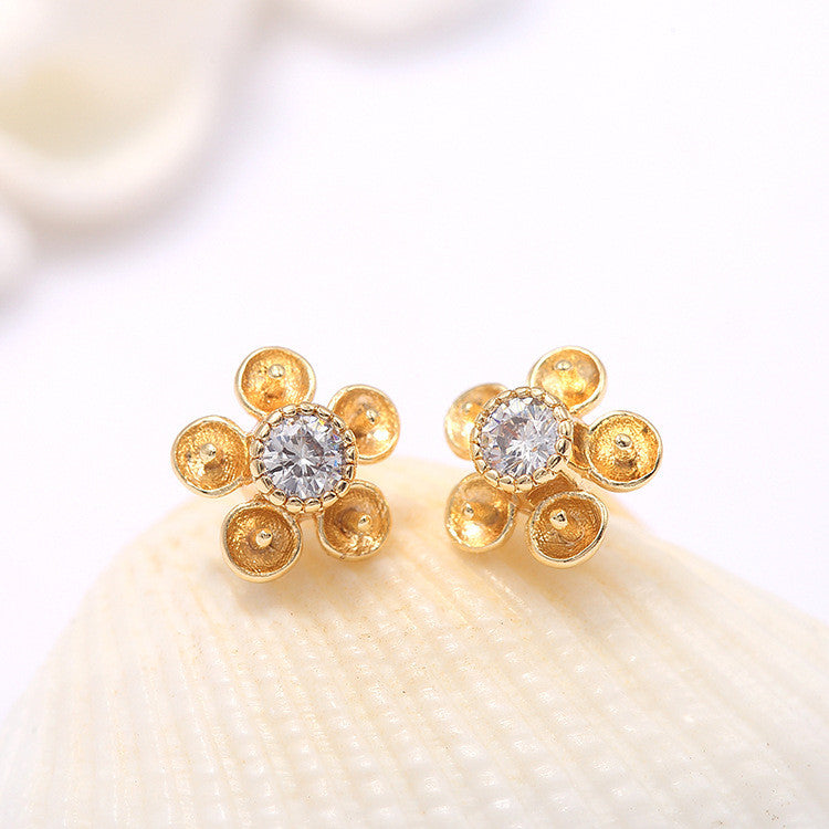 4 Floral Stud Earrings Rhinestone Embellished 14K GF Earing Half Drilled Pearl Bead Blank